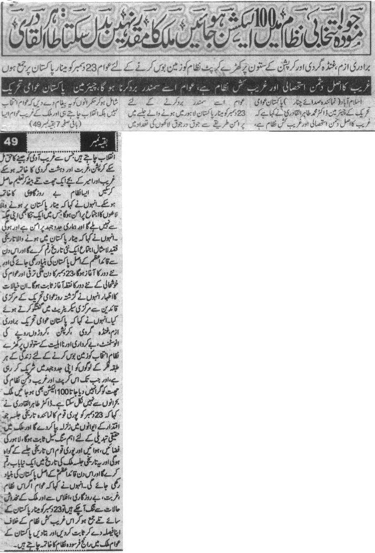 Minhaj-ul-Quran  Print Media Coverage Daily Sada.e.Chanar Front Page